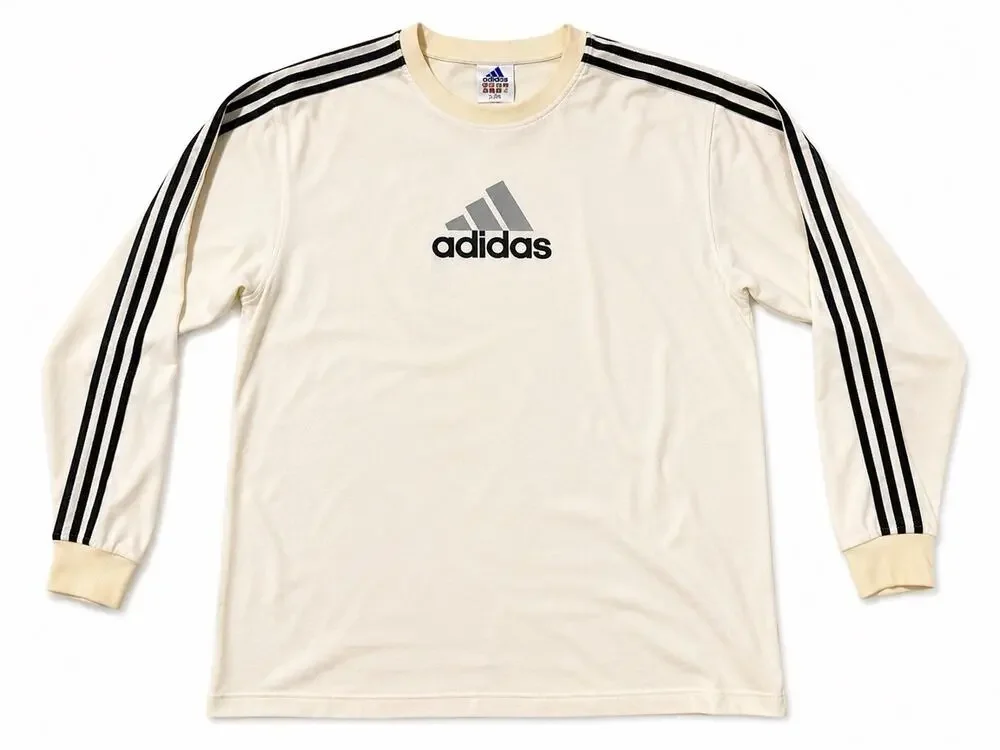 Vintage Adidas Long Sleeve Shirt 2XL Cream 3 Stripe Logo Soccer Made in USA